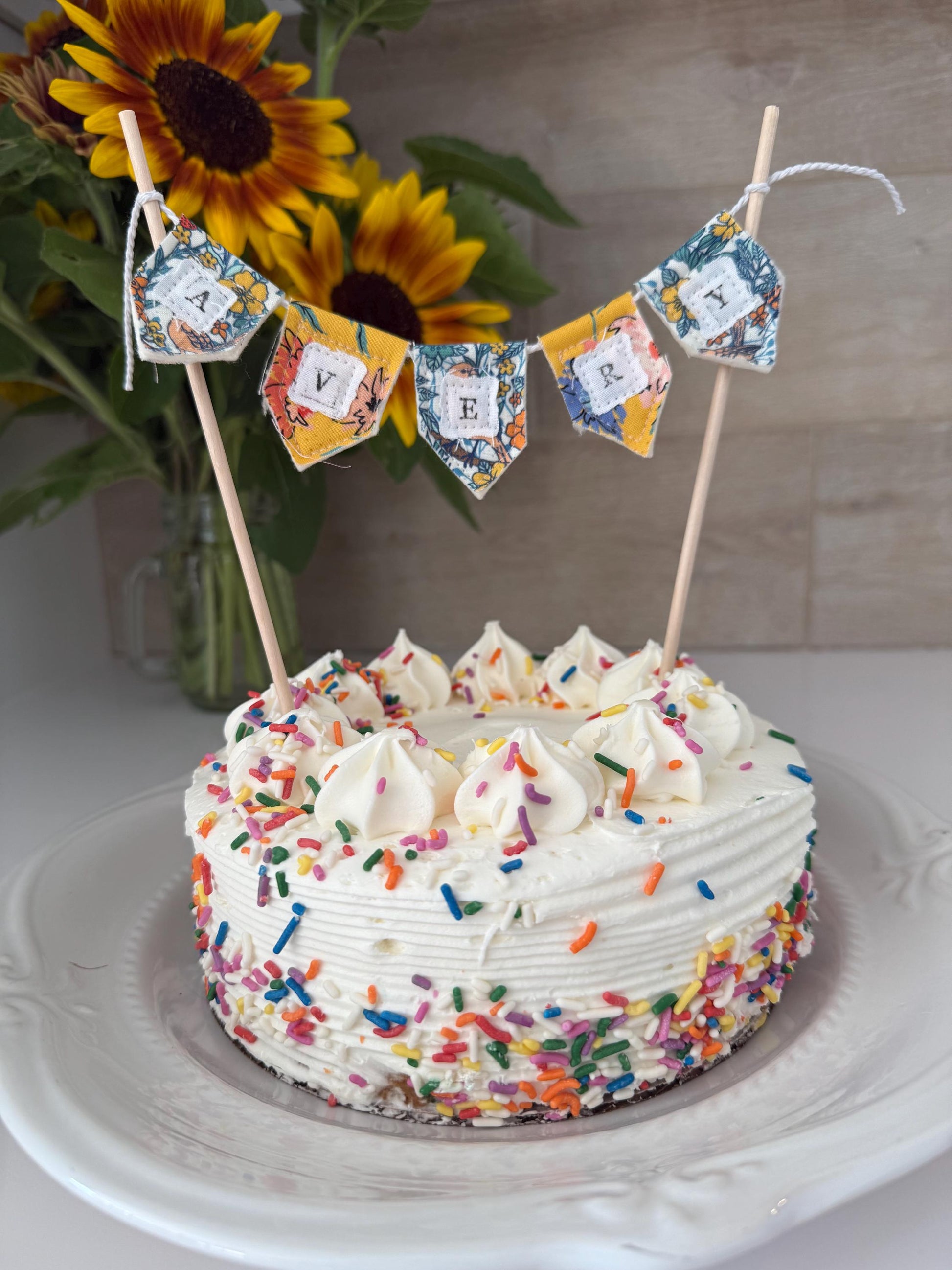 Personalized Floral Cake Topper Bunting: Handmade Birthday Party Decoration