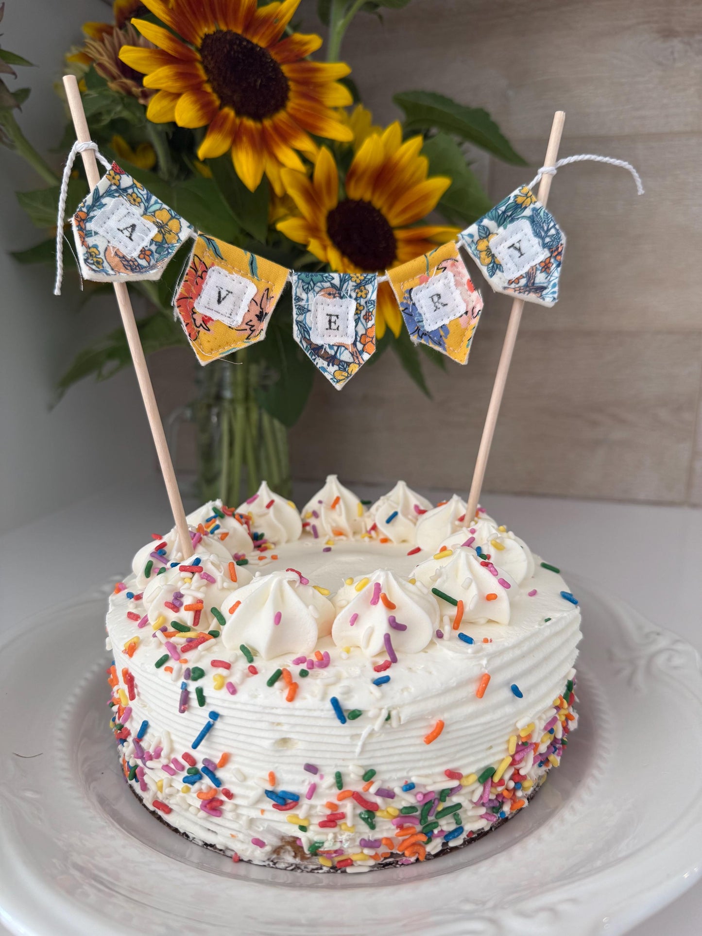 Personalized Floral Cake Topper Bunting: Handmade Birthday Party Decoration