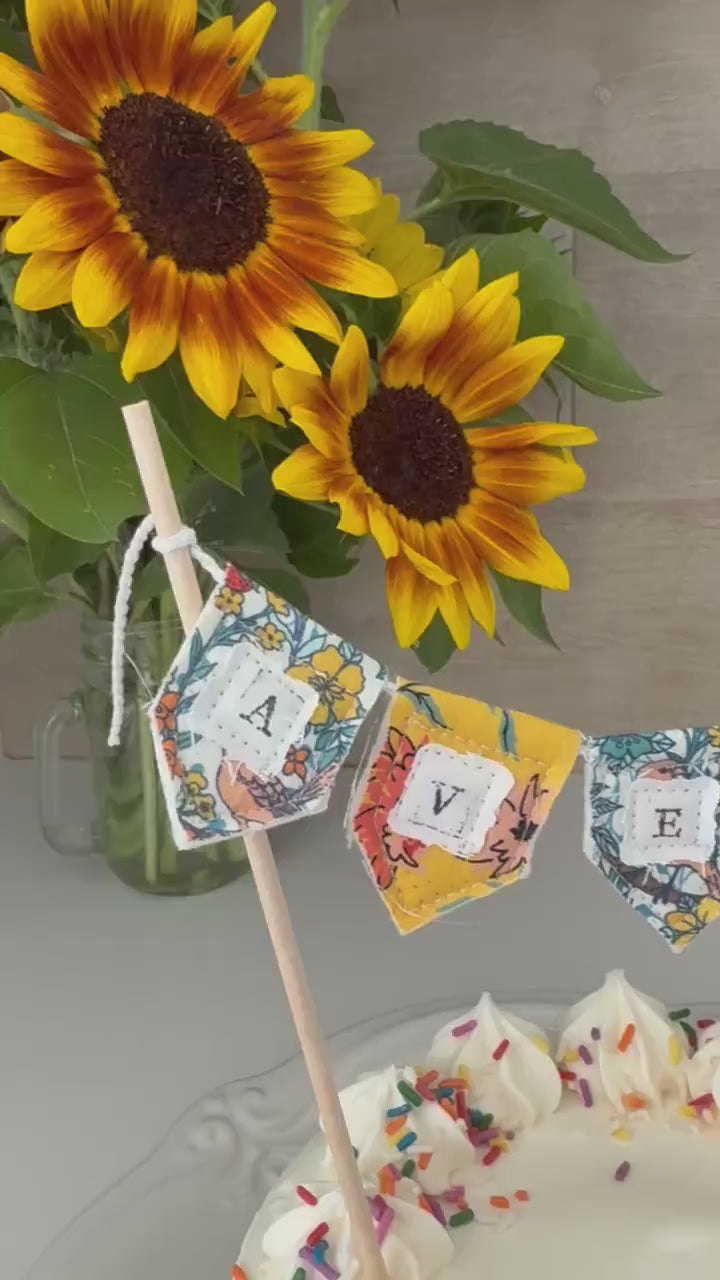 Personalized Floral Cake Topper Bunting: Handmade Birthday Party Decoration